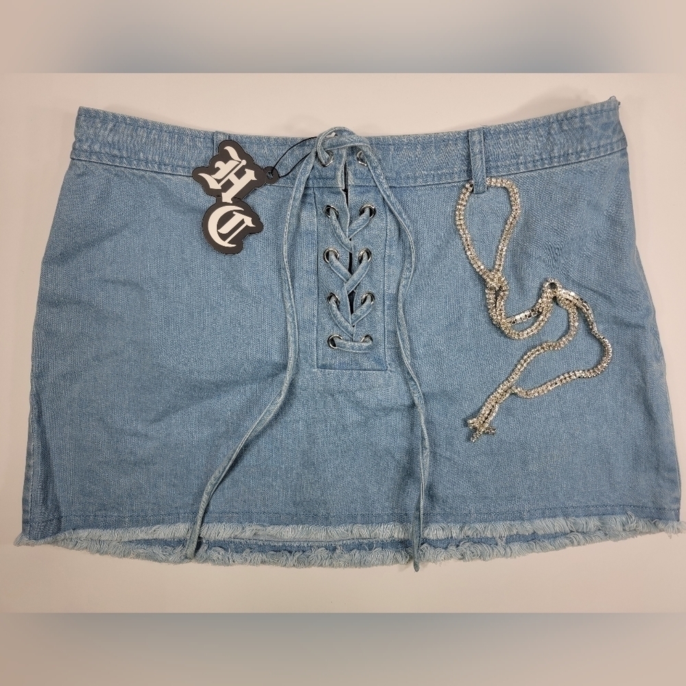 NWT HIDDEN CULT Denim Blue Jean Skirt Tie Front Light Wash NEW Women's Large
